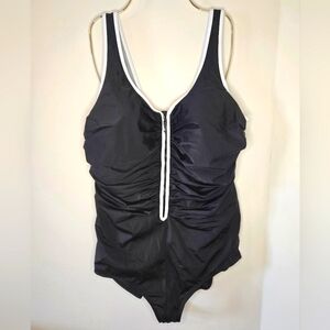 DELMIRA Black One-Piece Swimsuit with White Trim and Zipper, Size 16 Plus